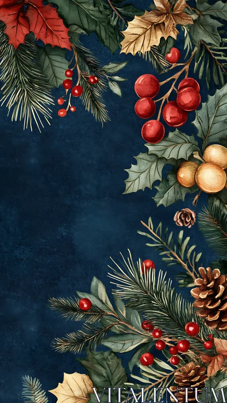 Festive winter foliage border on deep blue background.