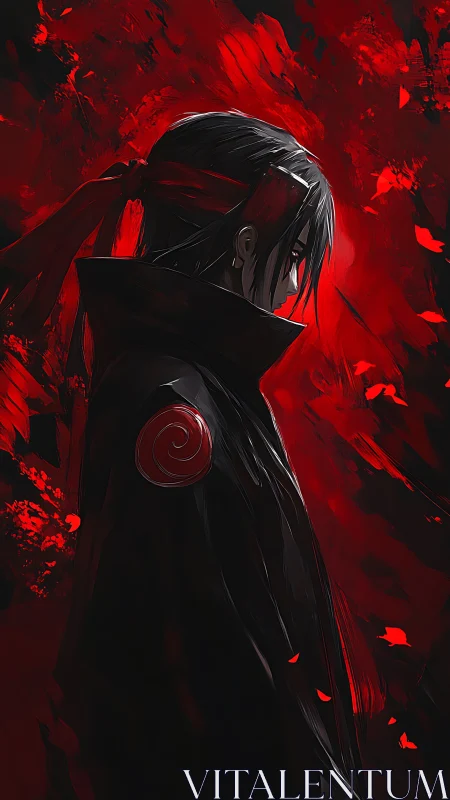 Anime profile portrait in red-black high contrast composition.