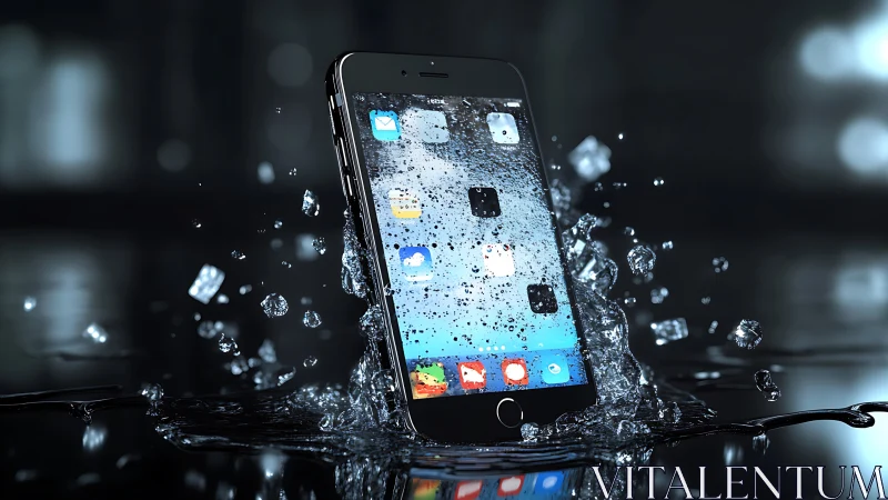 Smartphone partially submerged in water with splash droplets.