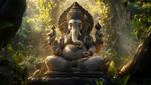 Sunlit stone Ganesha sculpture rendered in dense forest tableau