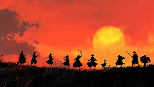 Sunset warrior silhouettes crossing burning horizon line.
