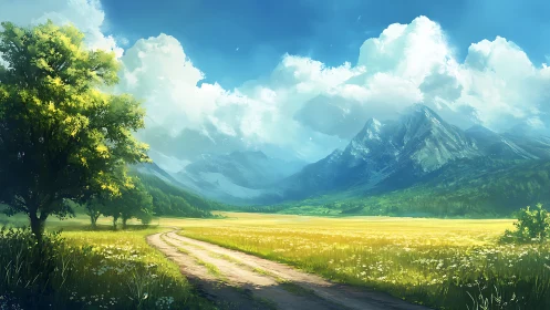 Sunlit mountain plain with dirt path under high cumulus clouds