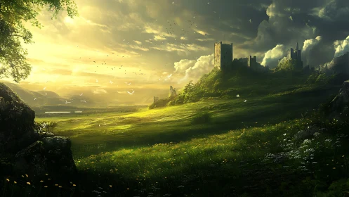 Distant stone fortress above sunlit valley and open meadow.