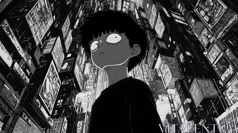 Wide-eyed wanderer beneath neon canyons of inked insomnia.