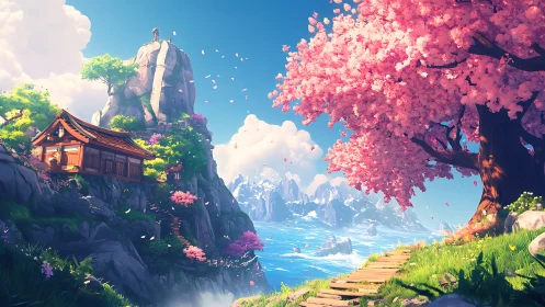 Mountain coast landscape with cherry tree and wooden shrine.