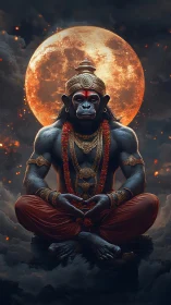 Divine monkey warrior meditates beneath blazing full moon.