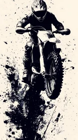 Motocross rider airborne with ink-like splatter effects.