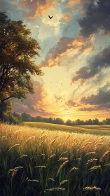 Golden meadow welcomes the day beneath glowing sunrise skies