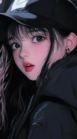 Streetwear girl portrait with glossy cap and shadows.