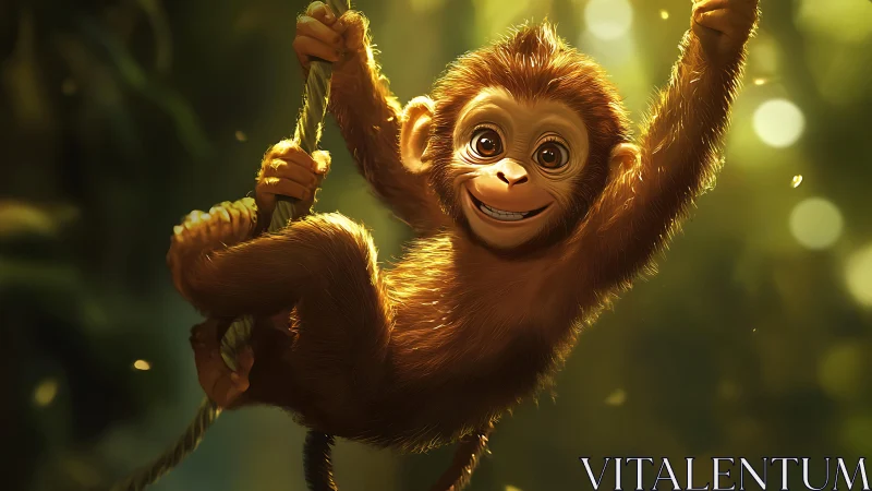 Sunlit baby monkey swings through glowing jungle daydreams.