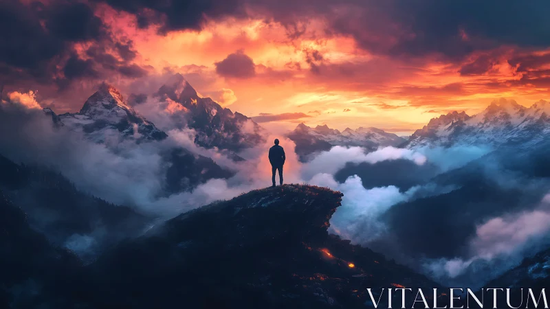 Backlit hiker on ridge observes volumetric clouds at alpine sunset