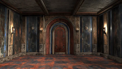 Aged interior room with arched central door and wall lights.