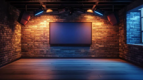 Modern brick studio with LED screen and dramatic lighting.