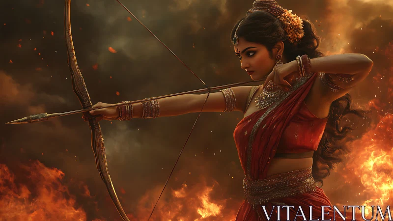 Fiery archer goddess poised amid swirling embers and smoke.