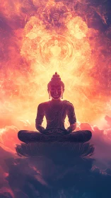 Radiant lotus stillness beneath a blooming sky of light.