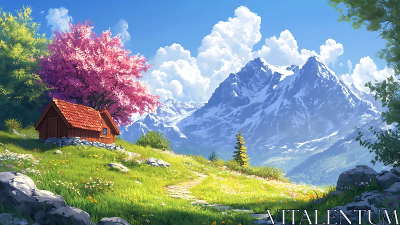 Spring alpine cabin under cherry blossom and snowcapped peaks