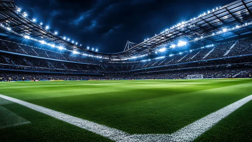 Floodlit football stadium with full stands and bright pitch.