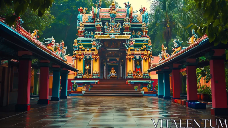 Hindu temple courtyard with ornate gopuram under trees.