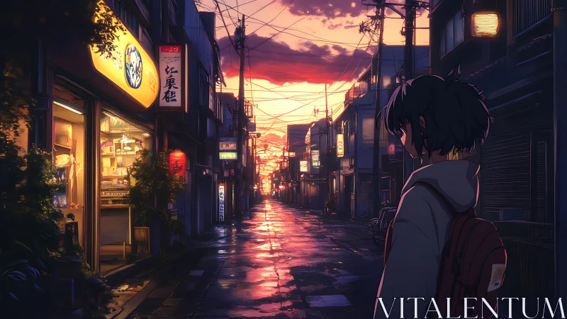 Solitary figure on wet city street at sunset in anime style.