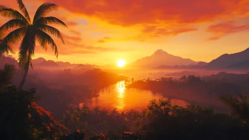 Sunlit tropical bay glowing beneath a molten orange sky.