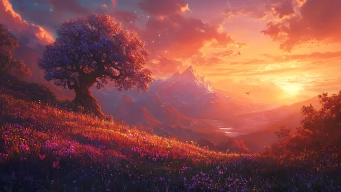 Dreamlit hillside beneath a glowing mountain sunset.