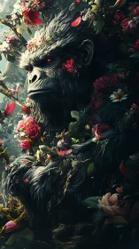 Gentle floral gorilla guardian resting in a dreamy forest.