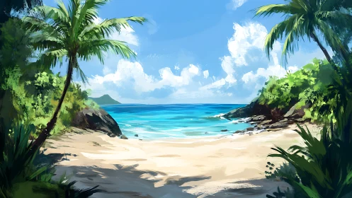 Tropical Cove Digital Rendering: Layered Beach Composition with Palm Framing