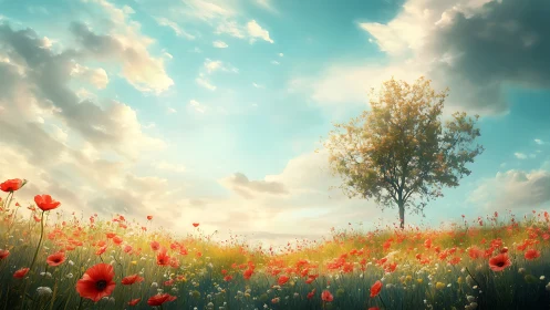 Digital pastoral meadowscape with lone flowering tree focus.