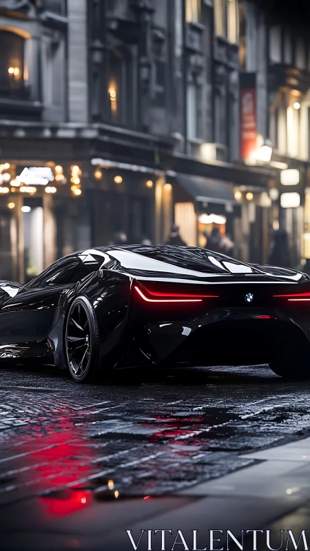 Black BMW concept coupe on wet city street at night scene.