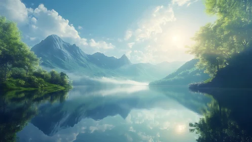 Sunlit alpine lake mirrored beneath misty blue peaks.
