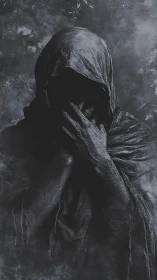 Shrouded figure with obscured face and high-contrast draped fabric