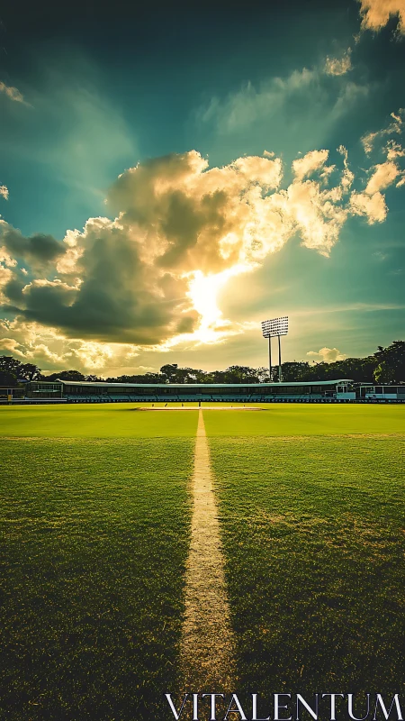 Sunlit cricket pitch under dramatic cumulonimbus sky perspective.