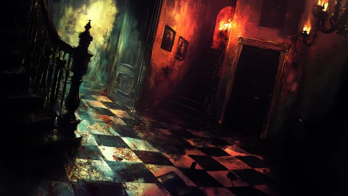 Haunted corridor glows with eerie light and crumbling decay.