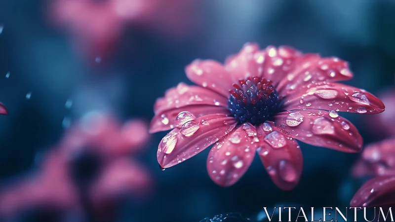 Macro-photographed Pink Petaled Flower With Spherical Water Droplets and Teal Bokeh Ambient