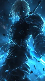Sword-wielding fighter stands in blue electric energy glow