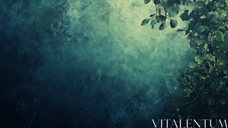 Green foliage on textured teal background, right aligned.