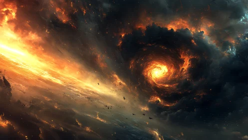 Solar storm vortex devours a burning horizon of cosmic sea