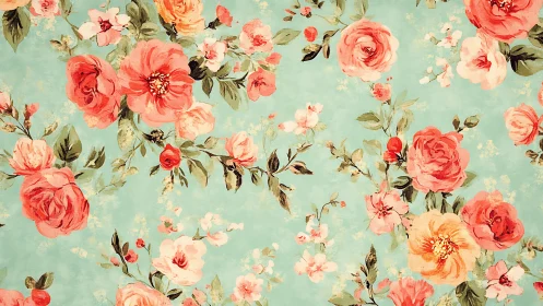 Floral pattern displays clustered roses on uniform teal ground