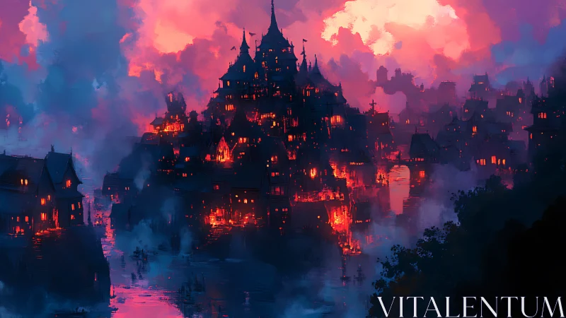 Crimson Citadel Ablaze: Digital Inferno of Twilight Spires.