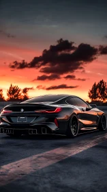 Midnight-black BMW coupe prowls beneath ember-soaked sunset.