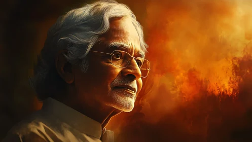 Gentle elder gazing into glowing amber evening light.