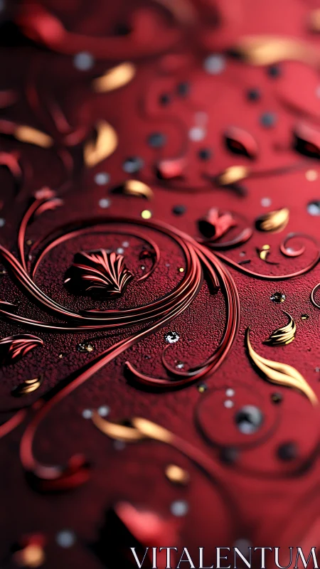 Ornate red floral scrollwork shimmers with golden accents.