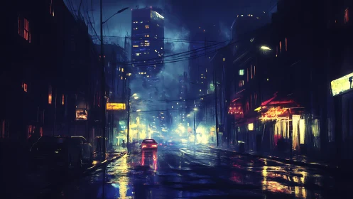 Rain-soaked neon city street glows under a moody midnight sky