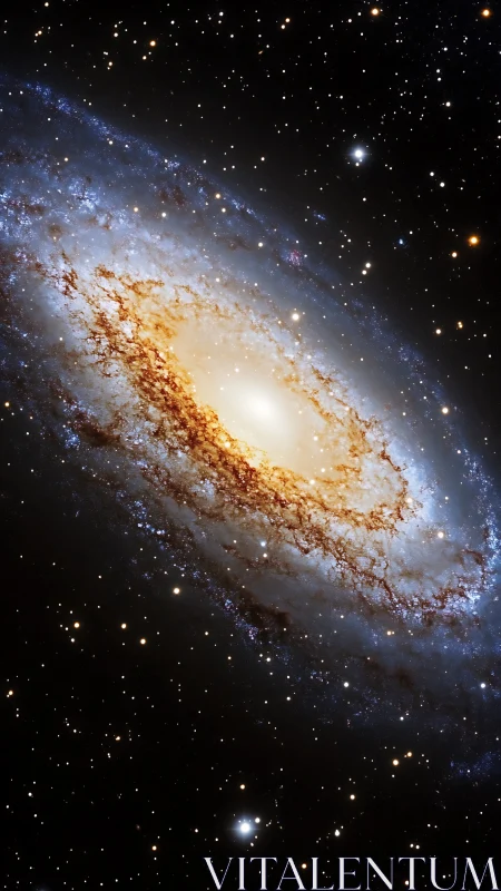 Spiral galaxy glows with golden core and star-strewn arms.