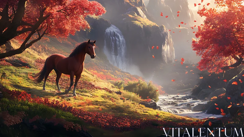 Digital painting of horse in autumnal valley with waterfall focus.
