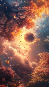 Celestial eclipse above fiery autumn forest sky portal.