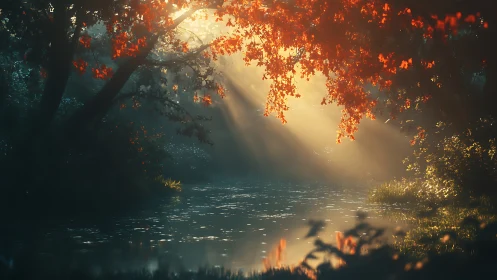 Backlit autumn canopy over misty forest river at sunrise