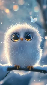 Digital rendering depicts round white owl perched on branch