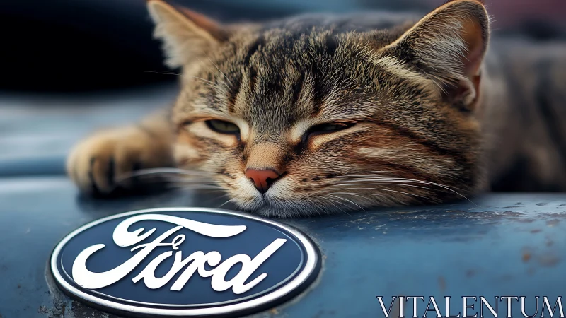 Tabby Guardian Rests Upon Automotive Heraldry with Zen Composure