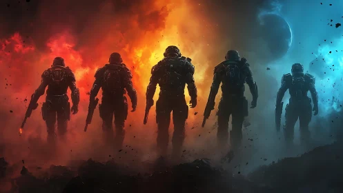 Brave space squad walking through fire and starlit smoke.